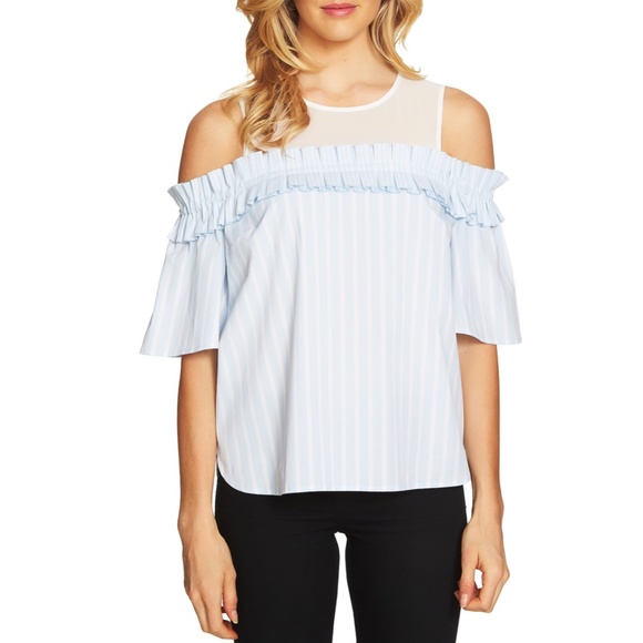 CeCe Tops - Cold Shoulder Chiffon Shirt Blue White Stripes
